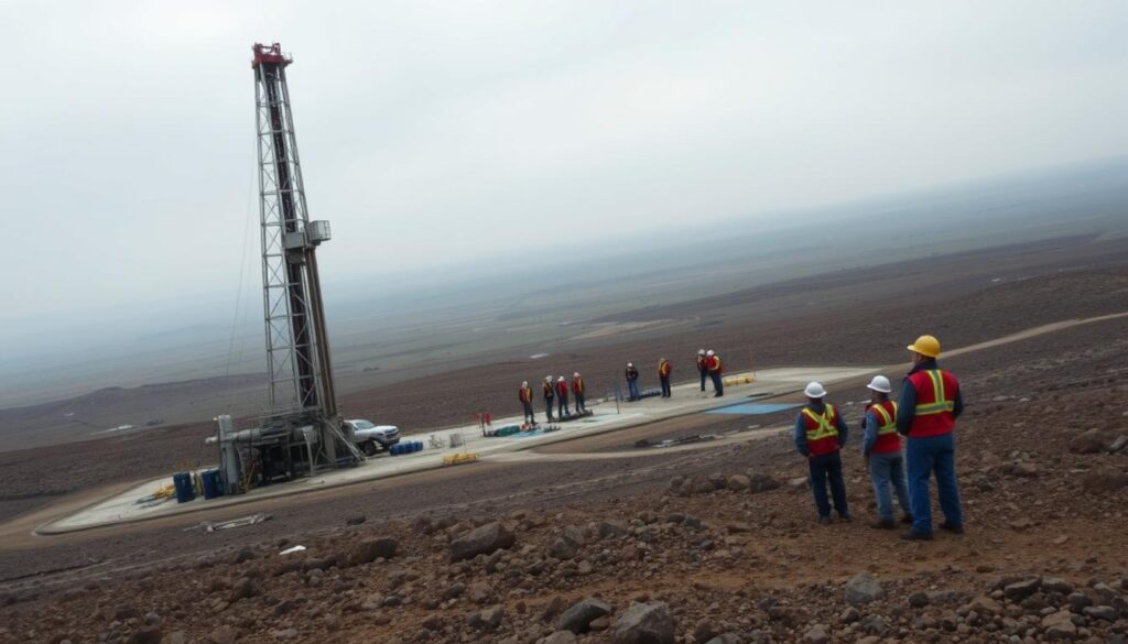 A panoramic view of a rugged, industrial landscape with a focus on a towering oil rig in the foreground. The rig stands tall against a moody, overcast sky, its metallic structure gleaming under the soft, diffused light. In the middle ground, a group of workers in hard hats and safety gear oversee the drilling operations, their movements captured in a dynamic, almost cinematic composition. In the background, a hazy horizon line suggests the vastness of the oil field, emphasizing the scale and importance of the drilling process. The overall atmosphere conveys a sense of power, precision, and the vital role that drilling insurance plays in protecting this critical industry. A panoramic view of a rugged, industrial landscape with a focus on a towering oil rig in the foreground. The rig stands tall against a moody, overcast sky, its metallic structure gleaming under the soft, diffused light. In the middle ground, a group of workers in hard hats and safety gear oversee the drilling operations, their movements captured in a dynamic, almost cinematic composition. In the background, a hazy horizon line suggests the vastness of the oil field, emphasizing the scale and importance of the drilling process. The overall atmosphere conveys a sense of power, precision, and the vital role that drilling insurance plays in protecting this critical industry.