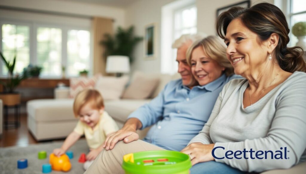 A peaceful and harmonious scene of a family enjoying the comfort and security of an affordable life insurance policy from Centennial. In the foreground, a middle-aged couple sit on a comfortable couch, their faces reflecting a sense of calm and reassurance. Behind them, a young child plays happily on the floor, surrounded by toys and a warm, inviting atmosphere. The background features a well-appointed living room, with tasteful decor and soft, natural lighting filtering in through large windows. The overall impression is one of financial stability, protection, and the reassurance that comes with responsible planning for the future.