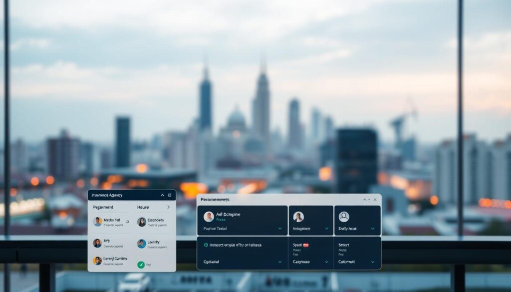 A professional, clean, and intuitive online insurance agency portal. The foreground features a minimalist user interface with sleek navigation menus, interactive dashboards, and personalized customer profiles. The middle ground showcases a range of insurance coverage options, seamlessly integrated with digital payment gateways. In the background, a soft, blurred cityscape conveys a sense of digital security and trust, complemented by subtle lighting and a calming color palette. The overall atmosphere evokes a user-centric, technologically advanced experience that simplifies insurance management for the modern digital consumer. A professional, clean, and intuitive online insurance agency portal. The foreground features a minimalist user interface with sleek navigation menus, interactive dashboards, and personalized customer profiles. The middle ground showcases a range of insurance coverage options, seamlessly integrated with digital payment gateways. In the background, a soft, blurred cityscape conveys a sense of digital security and trust, complemented by subtle lighting and a calming color palette. The overall atmosphere evokes a user-centric, technologically advanced experience that simplifies insurance management for the modern digital consumer.