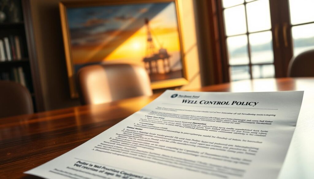 A professional, high-quality close-up photograph of a well control insurance policy document lying on a polished oak desk, backlit by warm, natural light streaming in from a large window. The policy pages are crisp and detailed, showcasing the essential components of modern well control coverage - liability limits, blowout prevention equipment, pollution control, and more. The desk surface is clean and uncluttered, with a subtle oil painting of an offshore oil rig in the background, creating a sense of the industry and application of the insurance product. The overall mood is one of authority, professionalism, and the importance of comprehensive well control protection. A professional, high-quality close-up photograph of a well control insurance policy document lying on a polished oak desk, backlit by warm, natural light streaming in from a large window. The policy pages are crisp and detailed, showcasing the essential components of modern well control coverage - liability limits, blowout prevention equipment, pollution control, and more. The desk surface is clean and uncluttered, with a subtle oil painting of an offshore oil rig in the background, creating a sense of the industry and application of the insurance product. The overall mood is one of authority, professionalism, and the importance of comprehensive well control protection.