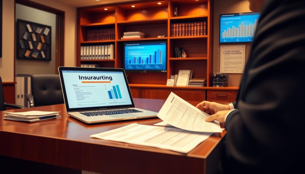 A professional office interior with warm lighting, a wooden desk, and a laptop displaying insurance documents. In the foreground, a person in a suit sits at the desk, reviewing paperwork. Behind them, a bookshelf lined with files and a wall-mounted display showing charts and graphs related to the underwriting process. The atmosphere is one of focused concentration, with a sense of financial security and reliability conveyed through the refined, professional setting.