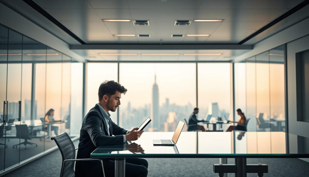 A sleek, digital-first insurance office with a futuristic, minimalist aesthetic. In the foreground, a young professional sits at a glass-and-metal desk, intently studying a tablet. The middle ground features an open-concept workspace with employees collaborating on laptops and mobile devices. The background showcases a panoramic city skyline visible through floor-to-ceiling windows, bathed in warm, diffused lighting that creates a sense of modern, efficient productivity. Muted tones of grey, white, and blue predominate, reinforcing the brand's forward-thinking, technology-driven approach to insurance services.