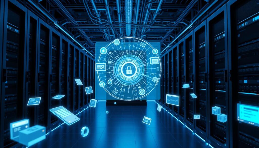 A sleek, modern data center anchored by a central hub of server racks, connected by a complex web of cables and fiber optic lines. The facility is bathed in a cool, blue-tinted lighting, casting an ambient glow across the room. Crisply rendered 3D models of insurance policies and claims data float and interact in the foreground, representing the advanced analytics and automation powering ayo insurance's digital infrastructure. In the background, a holographic display showcases a real-time visualization of the platform's network architecture and security protocols. The overall scene conveys a sense of technological sophistication, efficiency, and unwavering reliability - the foundation upon which ayo insurance delivers its innovative product suite.