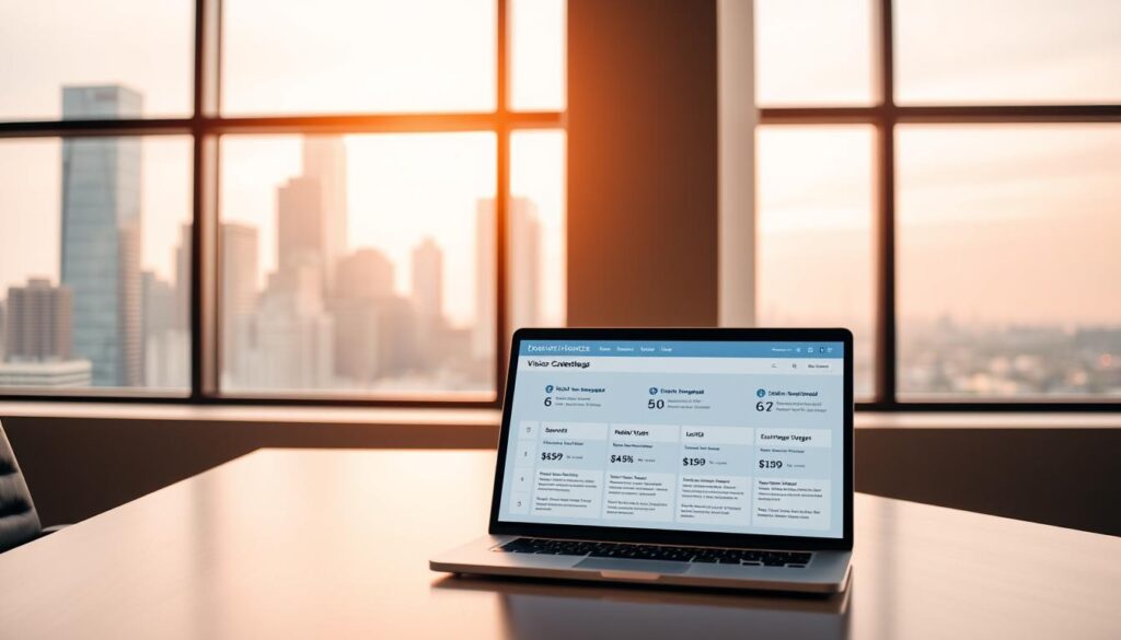 A sleek, modern office interior with a large window overlooking the city skyline. On the desk, a laptop displays an insurance benefits dashboard, showcasing the recent updates to Dearborn's vision coverage plans. The display features clean, minimalist typography and intuitive infographics highlighting the key changes. Warm, diffused lighting filters in through the window, creating a professional yet inviting atmosphere. The scene conveys a sense of transparency and attention to detail in the insurance provider's offering.