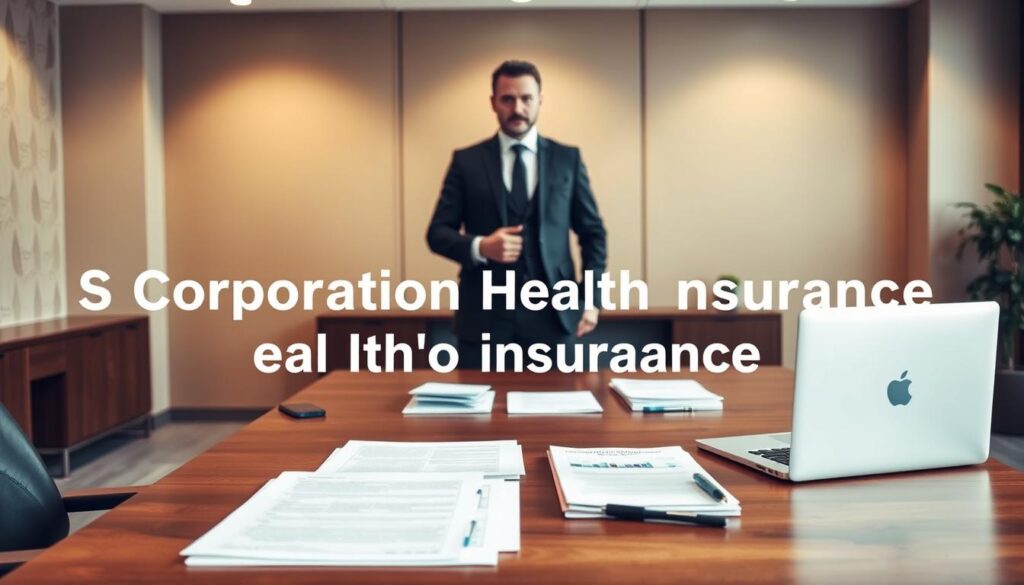 A sleek, modern office setting with a large, wooden desk in the foreground. On the desk, various documents and a laptop are neatly organized, alluding to the topic of S corporation health insurance. In the middle ground, a well-dressed professional, likely a financial advisor or accountant, stands beside the desk, gesturing towards the documents. The background features a warm, inviting color palette with subtle patterns on the walls, conveying a sense of professionalism and expertise. The lighting is soft and diffused, creating a calm and authoritative atmosphere. The overall composition and styling suggest a thoughtful, well-researched approach to S corporation health insurance for family coverage.