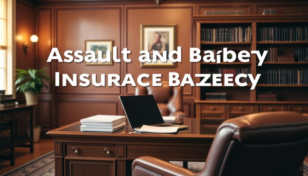 A stately office interior with a large wooden desk, a bookshelf in the background, and a comfortable leather chair in the foreground. On the desk, a stack of documents and an open laptop, conveying a sense of professional expertise. Warm, indirect lighting casts a soft glow, creating a welcoming and authoritative atmosphere. The room is adorned with subtle wall art and a potted plant, suggesting a refined and polished setting. The overall composition evokes a sense of trust, security, and comprehensive coverage related to the topic of assault and battery insurance. A stately office interior with a large wooden desk, a bookshelf in the background, and a comfortable leather chair in the foreground. On the desk, a stack of documents and an open laptop, conveying a sense of professional expertise. Warm, indirect lighting casts a soft glow, creating a welcoming and authoritative atmosphere. The room is adorned with subtle wall art and a potted plant, suggesting a refined and polished setting. The overall composition evokes a sense of trust, security, and comprehensive coverage related to the topic of assault and battery insurance.