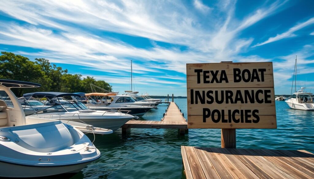 A sun-dappled boat marina on a Texas lake, with a towering blue sky and wispy clouds overhead. In the foreground, a row of sleek, well-maintained powerboats and fishing vessels, their glossy hulls reflecting the rippling water. In the middle ground, a dock with a weathered wooden sign highlighting "Texas Boat Insurance Policies" in bold text. The scene exudes a sense of tranquility and coastal charm, yet there's an underlying note of prudent preparation, as if the boaters are mindful of the need for comprehensive coverage on the open water.