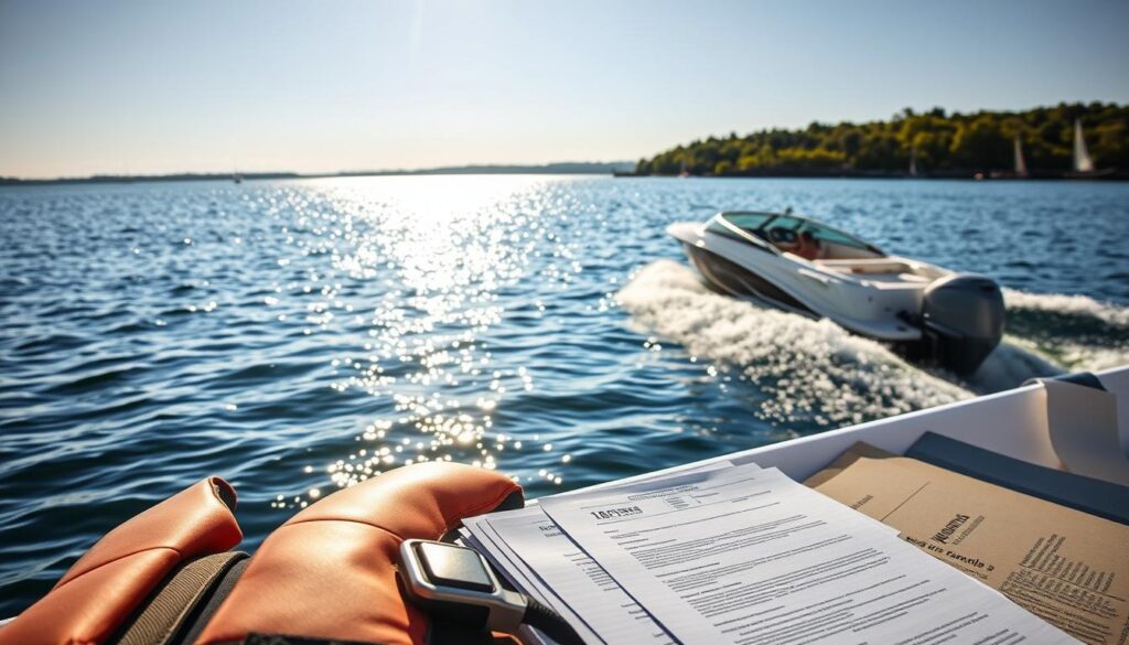 A sun-dappled lake in Texas, with a sleek speedboat gliding across the surface. In the foreground, a life jacket and a stack of official documents, signifying the importance of boating safety and legal compliance. The middle ground showcases a well-maintained boat, its gleaming hull and chrome fittings reflecting the bright sky. In the background, a picturesque shoreline with lush greenery and a few sailboats in the distance, creating a tranquil and inviting atmosphere. The lighting is warm and natural, casting soft shadows and highlights that accentuate the details of the scene. The overall mood is one of relaxation and responsible outdoor recreation, underscoring the need for boaters to understand and follow Texas' boating regulations and insurance requirements.