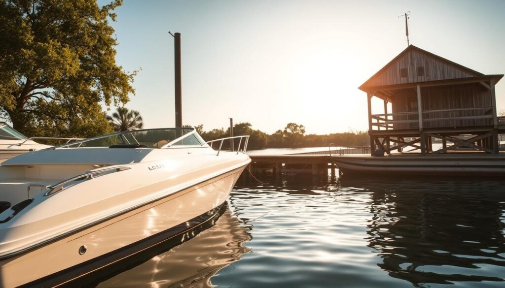 A sun-dappled scene of a small harbor in Texas, with a sleek white motorboat moored at the dock. The hull gleams in the warm afternoon light, its reflection rippling on the calm waters. In the distance, a weathered boathouse stands, its wooden beams and tin roof casting long shadows. The prompt should convey a sense of tranquility and the importance of responsible boat ownership, including the need for proper insurance coverage to navigate the Texas waterways safely.