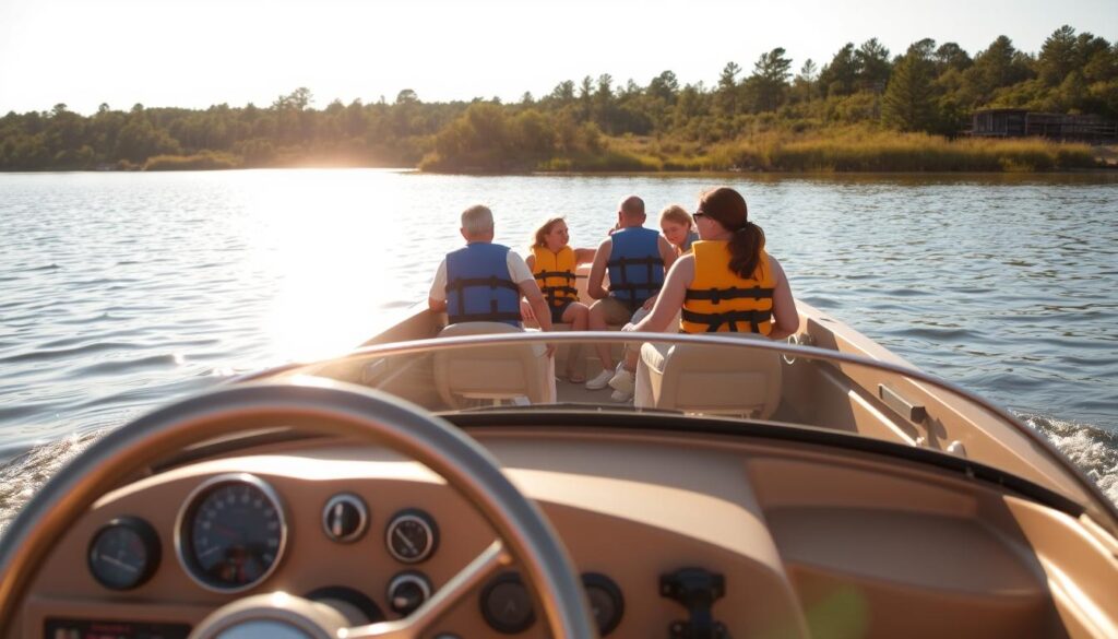 A sunny day on a Texas lake, with a small boat gently rocking on the calm, clear waters. In the foreground, the boat's steering wheel and control panel are visible, showcasing the various dials and switches that regulate speed, direction, and safety features. In the middle ground, a family of four is seated in the boat, wearing life jackets and enjoying the serene landscape. In the background, the shoreline is dotted with pine trees and lush vegetation, creating a picturesque natural setting. The lighting is soft and warm, casting a golden glow over the scene, conveying a sense of relaxation and leisure. The camera angle is slightly elevated, providing a comprehensive view of the boating regulations and the family's safe and responsible enjoyment of the waterways.