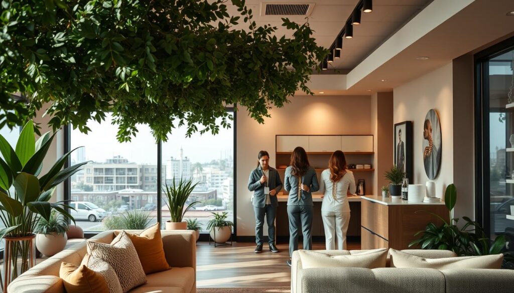 A tranquil chiropractic clinic nestled amidst a serene urban landscape. In the foreground, a warm and inviting reception area with plush seating and natural lighting. In the middle ground, a team of skilled chiropractors providing personalized care, their hands expertly aligning spines. In the background, a calming blend of soothing earth tones and modern architectural elements. Soft ambient lighting casts a comforting glow, creating an atmosphere of trust and well-being. The overall scene conveys the accessible, holistic approach of this chiropractic practice, offering affordable solutions for those without traditional insurance coverage.