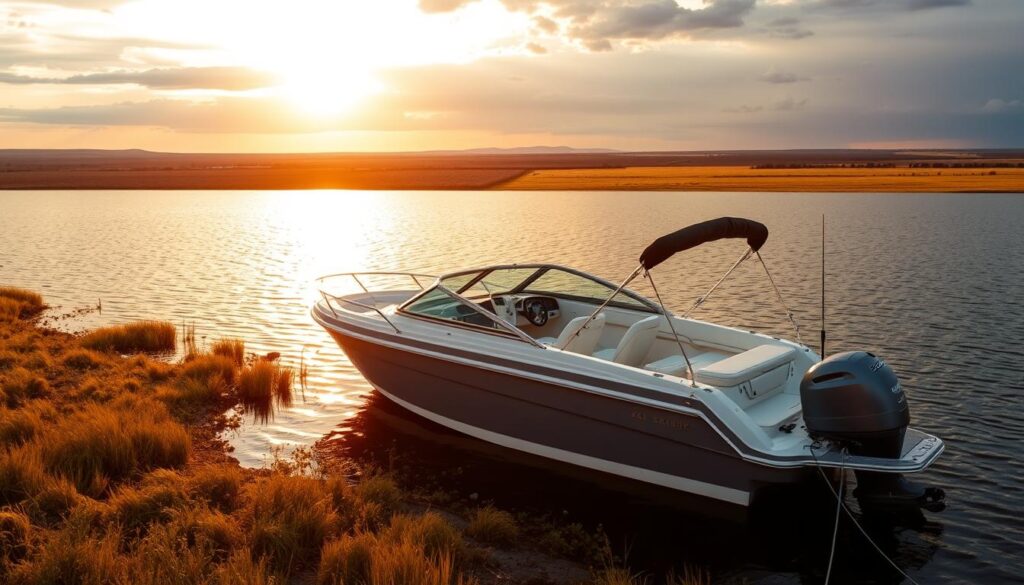 A vast Texas landscape unfolds, with rolling hills and sprawling prairies in the distance. In the foreground, a tranquil lake reflects the warm, golden light of the setting sun. Moored on the shore, a well-maintained boat gently sways, its sleek design and gleaming finish a testament to the owner's diligent care. The scene evokes a sense of peaceful serenity, belying the potential risks posed by the unpredictable Texas weather. The image serves as a visual representation of the importance of boat insurance in this dynamic environment, where sudden storms and turbulent conditions can arise without warning.