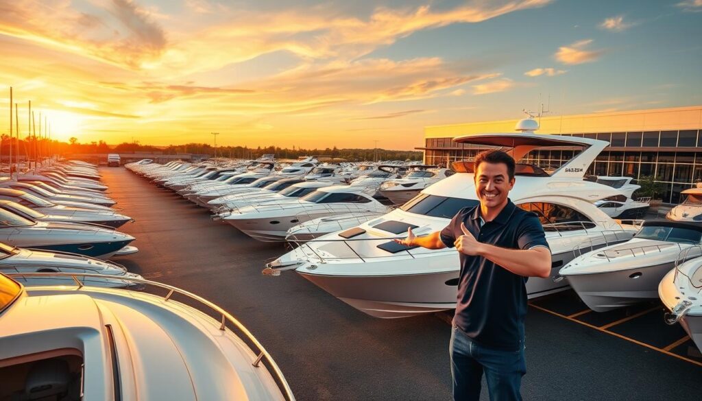 A vast boat dealership lot, bathed in the warm glow of a golden sunset. Rows of sleek, gleaming vessels line the asphalt, their hulls reflecting the vibrant colors of the sky. In the foreground, a salesperson in a crisp, navy-blue polo shirt enthusiastically gestures towards a high-end motor yacht, its polished chrome fittings and glossy white exterior exuding an air of luxury and sophistication. The middle ground features a diverse array of boats, from nimble speed boats to family-friendly pontoons, each meticulously cared for and awaiting their next adventure. In the background, a modern, glass-fronted showroom stands tall, its interior illuminated, hinting at the comprehensive inventory and expert services available to boat enthusiasts and business owners alike.