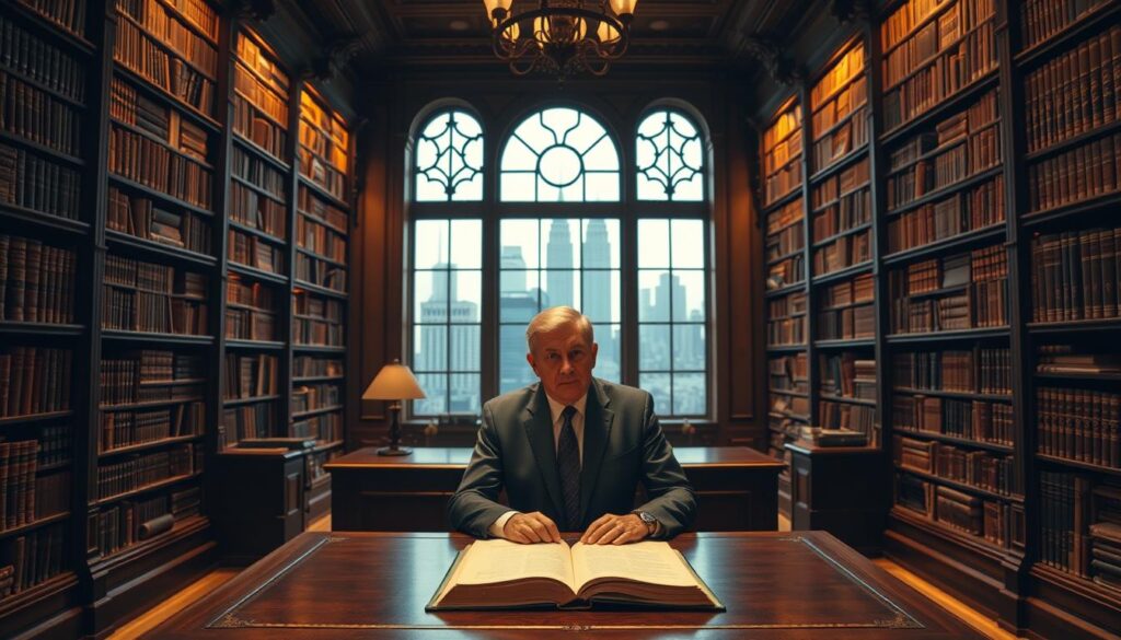 A vast, ornate library with towering bookshelves lining the walls, illuminated by warm, golden lighting. In the center, an elegant mahogany desk, its surface covered in legal documents and a leather-bound book. Sitting at the desk, a middle-aged person in a crisp suit, deep in thought, surrounded by the hush of scholarly contemplation. A large window in the background offers a glimpse of a bustling city skyline, suggesting the intersection of personal and professional realms. Subtle textures and rich, muted colors evoke a sense of gravitas and intellectual inquiry, capturing the essence of marital property laws and life insurance.