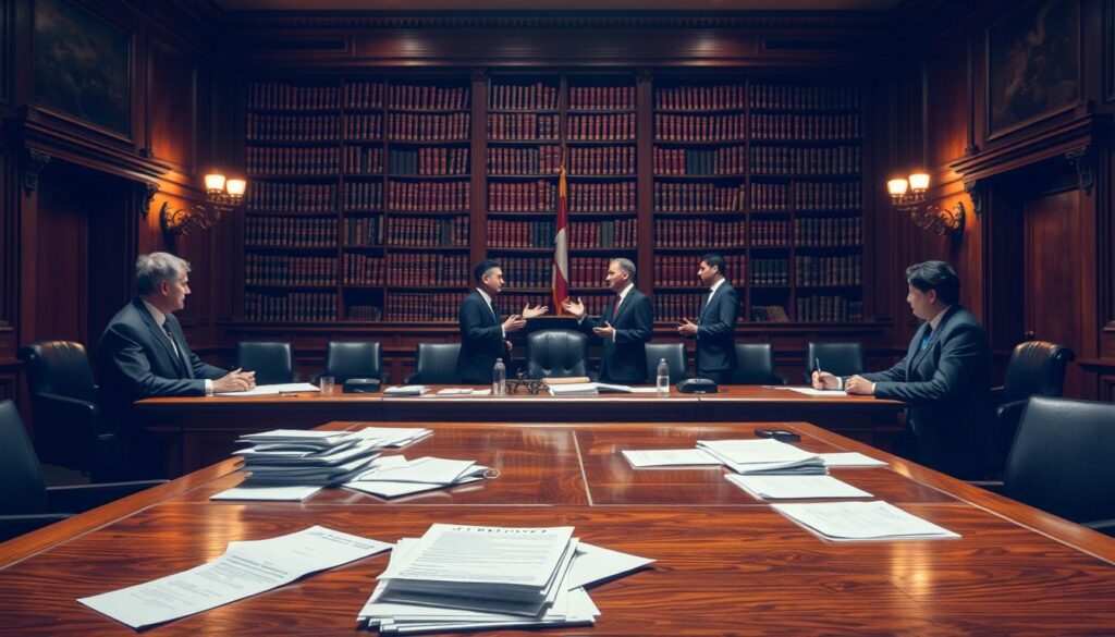 A vibrant courtroom scene, dimly lit with warm amber tones. In the foreground, a large oak desk dominates, representing the judicial authority. Papers and documents are scattered across its surface, symbolizing the complex legal proceedings. Behind the desk, a stern-faced judge presides, their expression conveying the gravity of the decision they must make. In the middle ground, two opposing lawyers stand, engaged in a heated debate, their body language and gestures reflecting the high stakes of the case. In the background, a towering bookcase filled with law volumes looms, casting an air of intellectual gravitas over the proceedings. The overall atmosphere is one of tension and anticipation, as the fate of the life insurance proceeds hangs in the balance.
