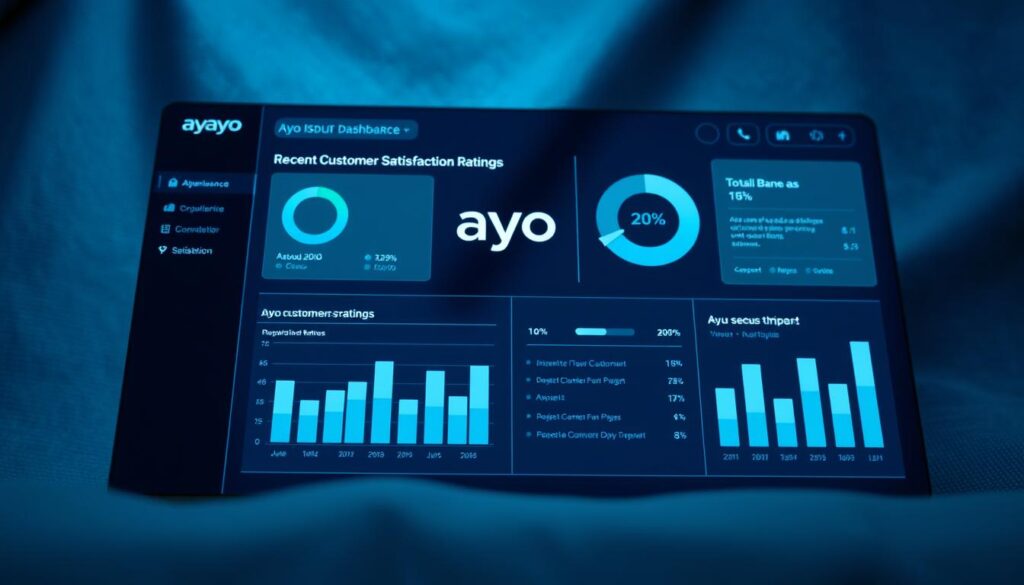 A vibrant information dashboard displaying recent customer satisfaction ratings for ayo insurance, captured in a sleek, minimalist style. The foreground showcases a series of infographic charts and graphs, each element rendered with clean lines and a soothing color palette of blues and grays. The middle ground features a stylized company logo and product branding, while the background subtly blends in a textured fabric pattern, creating a professional, high-quality appearance. The overall lighting is soft and diffused, evoking a sense of clarity and transparency. The camera angle is positioned to provide an engaging, slightly elevated perspective, drawing the viewer's attention to the data visualization and customer insights.