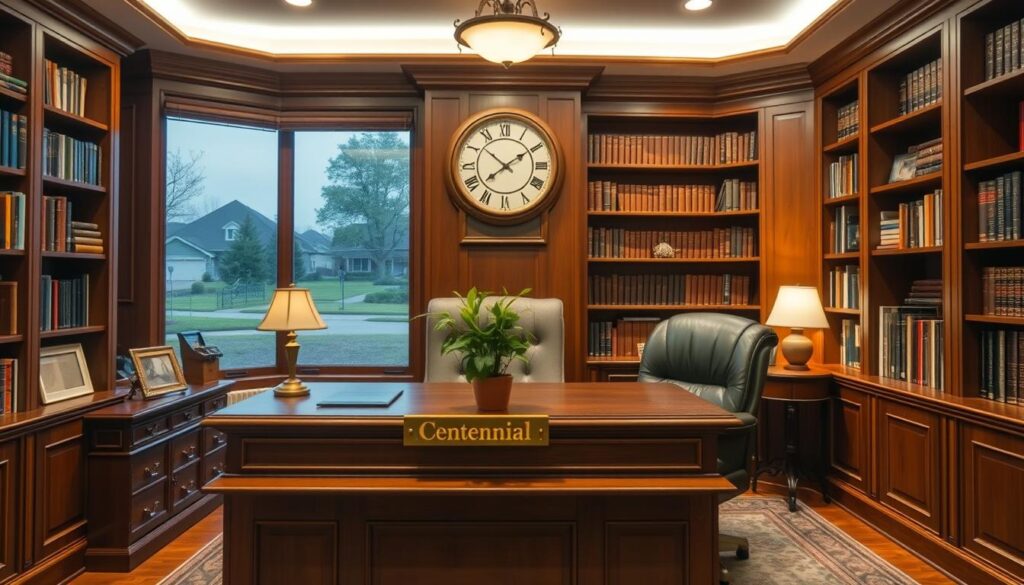 A warm and inviting office interior featuring a large wooden desk, a comfortable leather chair, and an ornate wall clock. On the desk, a golden nameplate reads "Centennial Life Insurance" and a potted plant adds a touch of nature. Floor-to-ceiling bookshelves line the walls, creating a sense of professionalism and trustworthiness. The lighting is soft and ambient, casting a cozy glow throughout the space. Through the window, a picturesque suburban neighborhood is visible, suggesting the reliable and stable nature of the Centennial Life Insurance company. The overall atmosphere conveys a sense of reliability, longevity, and a commitment to providing quality coverage for families.