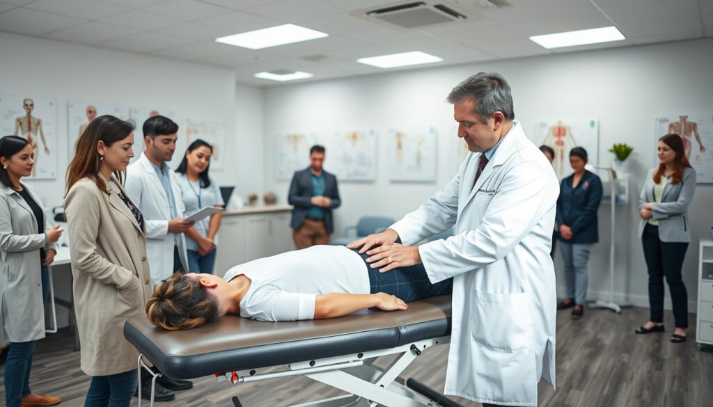 A warm and welcoming chiropractic teaching clinic set in a modern, well-lit space. In the foreground, a chiropractor in a white coat examines a patient on an adjustable treatment table, their hands skillfully working to alleviate tension. Surrounding them, students observe intently, taking notes and learning the techniques. In the middle ground, the clinic's reception area features a friendly staff assisting patients, and in the background, the space is filled with educational displays, anatomical charts, and a sense of professionalism and care. The lighting is soft and natural, creating a calming atmosphere that puts patients at ease.