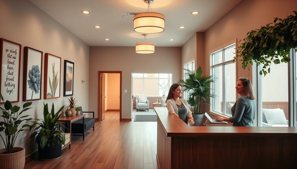 A warm, inviting interior of a birthing center reception area. In the foreground, a large wooden desk with a receptionist smiling warmly, discussing payment options with a couple. Framed inspirational art and lush plants decorate the walls, creating a calming, nature-inspired atmosphere. Soft, diffused lighting illuminates the space, while large windows allow natural light to filter in. In the background, a hallway leads to private birthing suites, conveying the professionalism and care of the facility. The overall mood is one of comfort, support, and transparency around financial considerations for expectant parents.