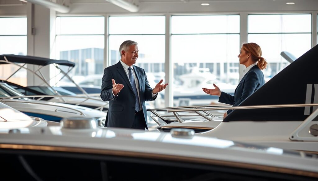 A well-lit commercial interior with a sleek, modern showroom. In the foreground, a row of shiny, gleaming boats on display, their polished hulls and chrome fittings catching the light. In the middle ground, a professional-looking insurance agent in a crisp suit, gesturing animatedly as they discuss coverage options with a boat dealer. The background features floor-to-ceiling windows, letting in natural light and offering a view of the marina outside. The scene conveys a sense of expertise, security, and the importance of protecting one's watercraft business.