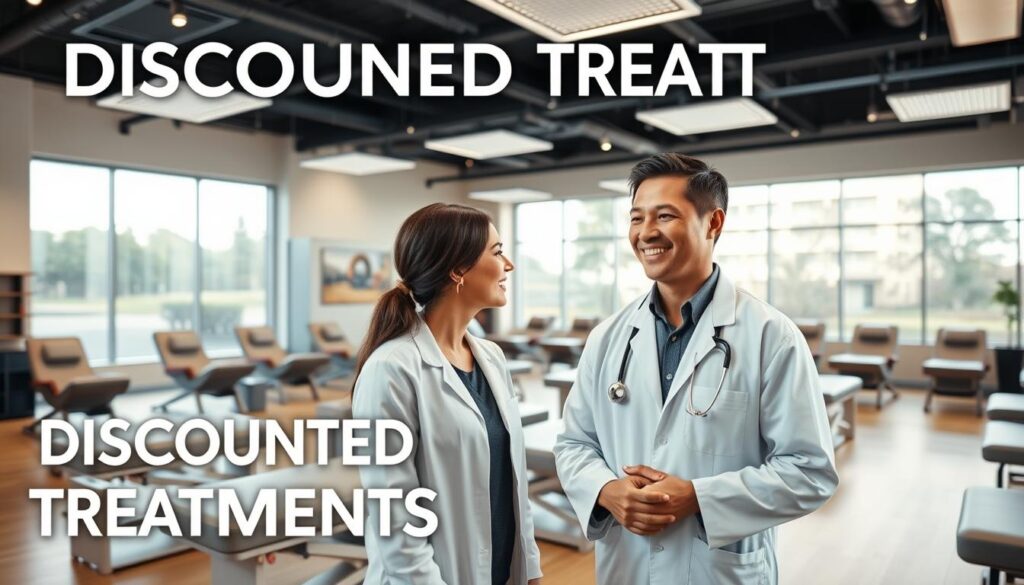 A well-lit, modern chiropractic clinic interior with a prominent "DISCOUNTED TREATMENTS" sign. The foreground features a smiling chiropractor greeting a patient, both wearing white lab coats. In the middle ground, an array of state-of-the-art adjustment tables and massage chairs. The background showcases sleek, minimalist decor with large windows allowing natural light to flood the space, conveying a sense of professionalism and affordability. Warm, neutral tones create a calming, welcoming atmosphere.
