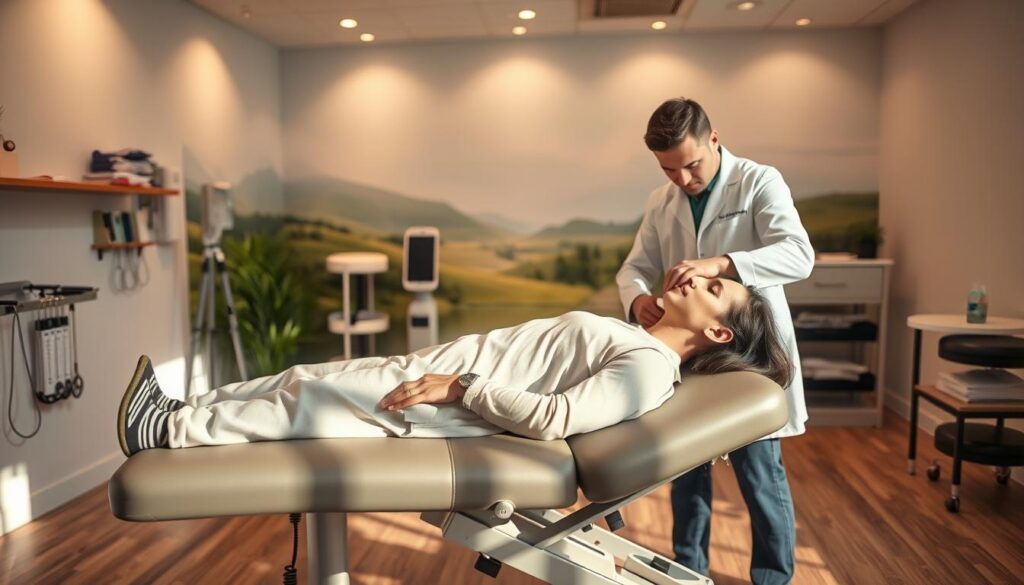 A well-lit, modern chiropractic clinic with a focus on affordable, cash-based services. The foreground features a patient reclining on an adjustable table, their face relaxed as a chiropractor in a white coat performs a spinal adjustment. The middle ground showcases various chiropractic tools and equipment, conveying a sense of professionalism and expertise. In the background, a soothing mural depicting a serene natural landscape, creating a calming atmosphere. The lighting is warm and inviting, with soft shadows accentuating the clinic's clean, minimalist design. The overall scene exudes a sense of accessible, high-quality chiropractic care that doesn't require insurance.