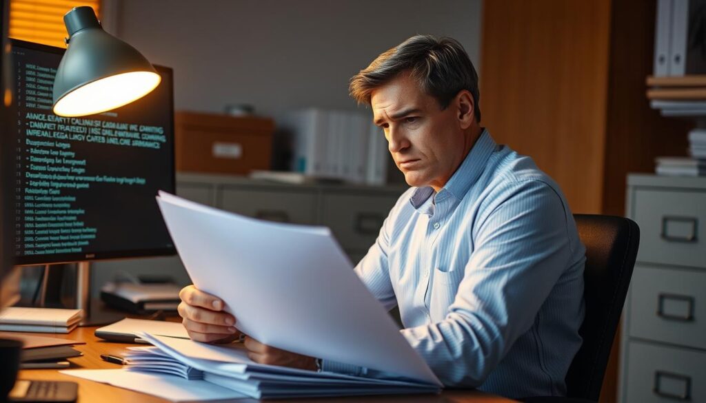 A well-lit office scene with a determined insurance agent reviewing regulatory documents on a desk, surrounded by filing cabinets and a computer monitor displaying legal codes. The agent's face is slightly furrowed, conveying focused concentration. Warm lighting from a desk lamp casts subtle shadows, creating a sense of thoughtful contemplation. The overall mood is one of professional diligence, as the agent navigates the complex legal landscape to ensure compliance with evolving industry regulations.