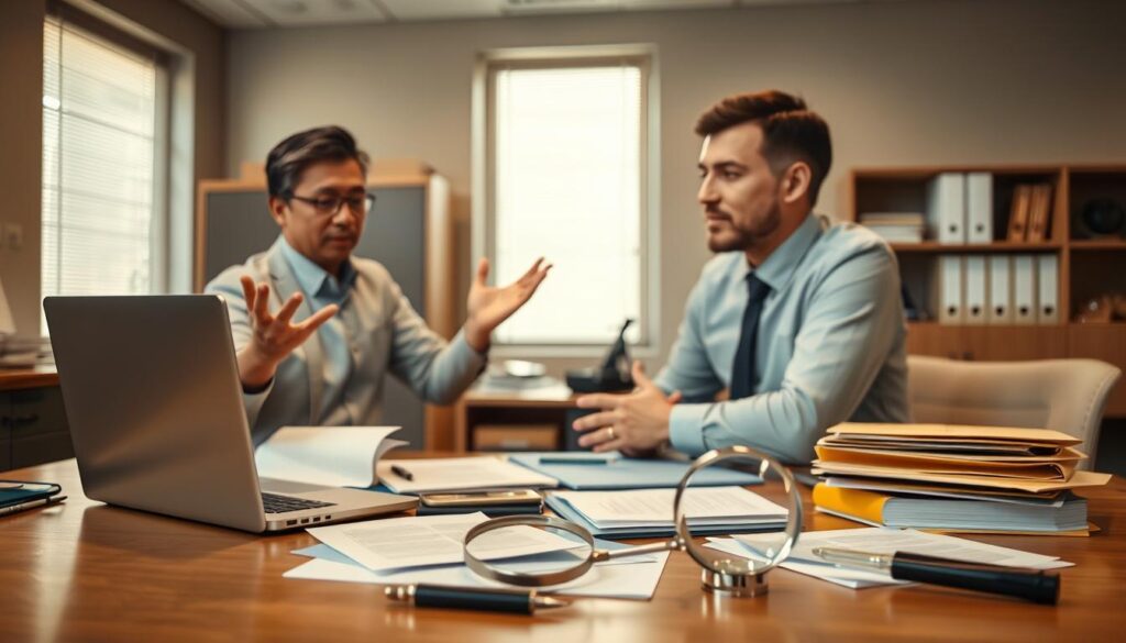 A well-lit office setting, with a desk at the center, documents and a laptop computer arranged neatly. In the foreground, an insurance agent gestures emphatically, engaging in animated discussion with a focused, attentive client. The middle ground showcases insurance files, folders, and a magnifying glass, suggesting the thorough investigation process. The background features a filing cabinet and bookshelves, conveying the professional, authoritative atmosphere of an insurance company's headquarters. Warm, neutral tones create a sense of trust and collaboration, while the sharp focus and dynamic poses suggest the seriousness and diligence of the insurance investigation.