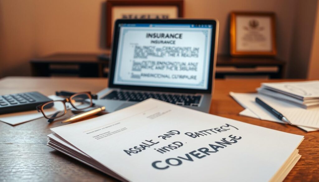 A well-lit, realistic still life scene depicting various insurance-related objects and documents. In the foreground, a stack of official-looking papers labeled "Assault and Battery Insurance Coverage" sits atop a wooden desk. Behind it, a pen, a pair of eyeglasses, and a calculator create a sense of an active workplace. The middle ground features an open laptop displaying a relevant policy document. In the background, a framed certificate or award hangs on the wall, suggesting the authority and expertise of the insurance provider. The lighting is warm and natural, creating depth and highlighting the textures of the materials. The overall mood is professional, reassuring, and focused on providing comprehensive personal protection. A well-lit, realistic still life scene depicting various insurance-related objects and documents. In the foreground, a stack of official-looking papers labeled "Assault and Battery Insurance Coverage" sits atop a wooden desk. Behind it, a pen, a pair of eyeglasses, and a calculator create a sense of an active workplace. The middle ground features an open laptop displaying a relevant policy document. In the background, a framed certificate or award hangs on the wall, suggesting the authority and expertise of the insurance provider. The lighting is warm and natural, creating depth and highlighting the textures of the materials. The overall mood is professional, reassuring, and focused on providing comprehensive personal protection.