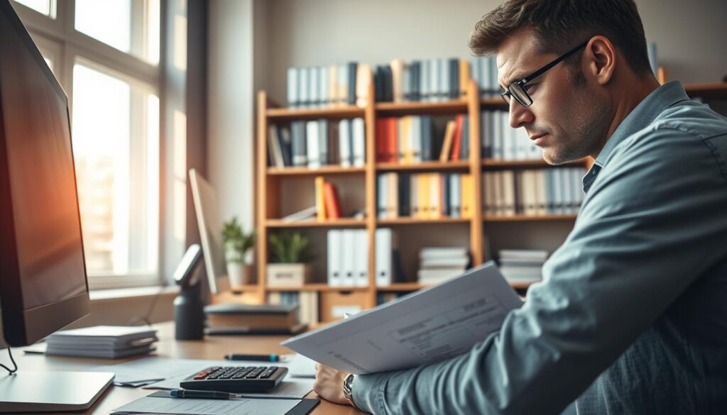 A well-organized office interior with a focus on financial paperwork and digital devices. In the foreground, a businessman diligently reviewing documents on his desktop computer, brow furrowed in concentration. On the desk, a calculator, pen, and a stack of tax forms. In the middle ground, a bookshelf filled with accounting ledgers and files, casting warm, directional lighting on the scene. The background showcases a large window, allowing natural light to flood the space and create a sense of openness. The overall mood is one of careful attention to detail and a methodical approach to resolving financial matters.
