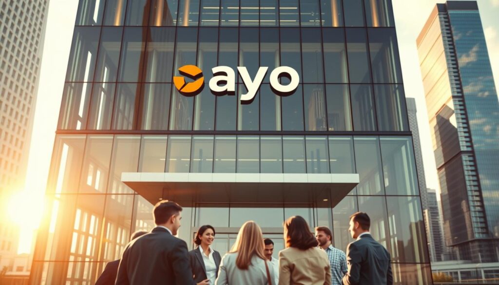 A wide-angle shot of a modern, glass-fronted office building with sleek, metallic accents. The building facade is adorned with the ayo insurance logo, prominently displayed. In the foreground, a group of professional-looking people are gathered, engaged in a lively discussion, suggesting the expansion of ayo insurance's coverage options. Warm, directional lighting casts a subtle glow, creating a sense of optimism and progress. The background features a cityscape with towering skyscrapers, hinting at the company's growing influence and reach. The overall atmosphere conveys a feeling of innovation, growth, and the empowerment of ayo insurance customers.