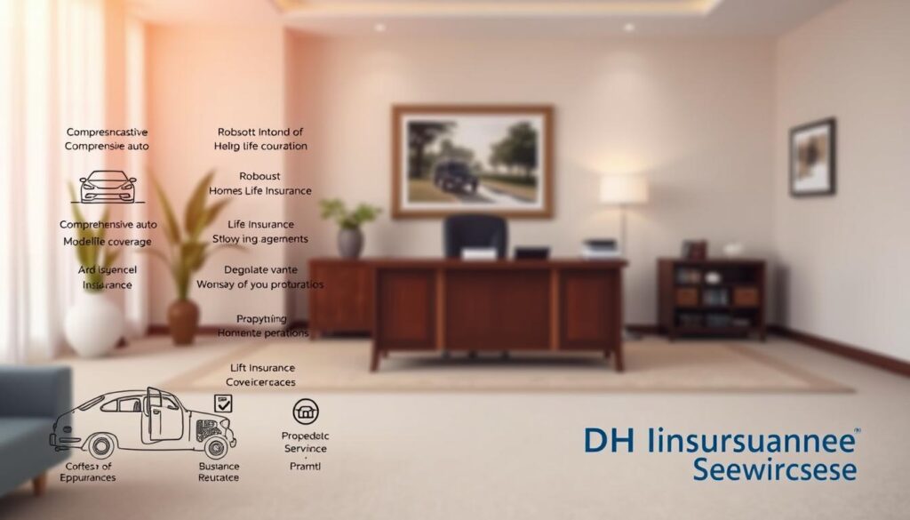 A wide variety of insurance coverage options displayed against a serene, professional backdrop. In the foreground, a detailed illustration showcases the different policy types, from comprehensive auto to robust home and life insurance. The middle ground features an elegant office setting with a polished wooden desk and modern decor, conveying a sense of trust and reliability. The background is softly lit, with a subtle gradient creating a calming, organized atmosphere. The overall composition emphasizes the comprehensive nature of the insurance services, while the subtle, sophisticated aesthetic suggests the professionalism and attention to detail of the DH Insurance Services brand. A wide variety of insurance coverage options displayed against a serene, professional backdrop. In the foreground, a detailed illustration showcases the different policy types, from comprehensive auto to robust home and life insurance. The middle ground features an elegant office setting with a polished wooden desk and modern decor, conveying a sense of trust and reliability. The background is softly lit, with a subtle gradient creating a calming, organized atmosphere. The overall composition emphasizes the comprehensive nature of the insurance services, while the subtle, sophisticated aesthetic suggests the professionalism and attention to detail of the DH Insurance Services brand.