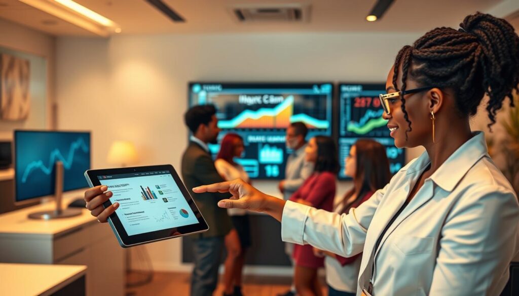 An insurance agent's office, transformed by the digital age. In the foreground, a professional agent gestures towards a sleek, futuristic tablet, showcasing personalized coverage options. The middle ground features customers of diverse backgrounds, engaged in seamless, tech-enabled interactions. In the background, a wall-sized display showcases real-time data analytics, empowering the agent to provide tailored, data-driven recommendations. Warm lighting, clean lines, and a sense of efficiency and modernization pervade the scene, reflecting the evolving relationship between customers and their insurance providers.