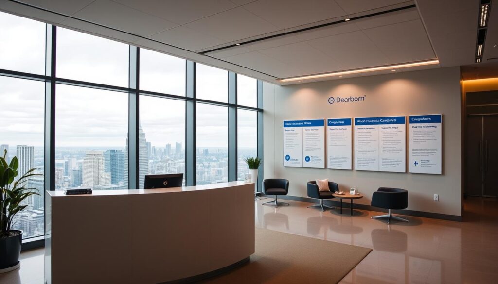 Dearborn Vision Insurance Company Overview: A sleek, modern office interior with floor-to-ceiling windows offering a panoramic view of a bustling city skyline. In the foreground, a reception desk with minimalist design and a prominent company logo. Behind it, a wall display showcases various vision insurance plan options, each with clear, concise information. The middle ground features comfortable seating areas where clients can consult with knowledgeable representatives. Warm, ambient lighting and a neutral color palette create a professional yet inviting atmosphere, reflecting Dearborn's commitment to customer satisfaction and comprehensive vision care solutions.