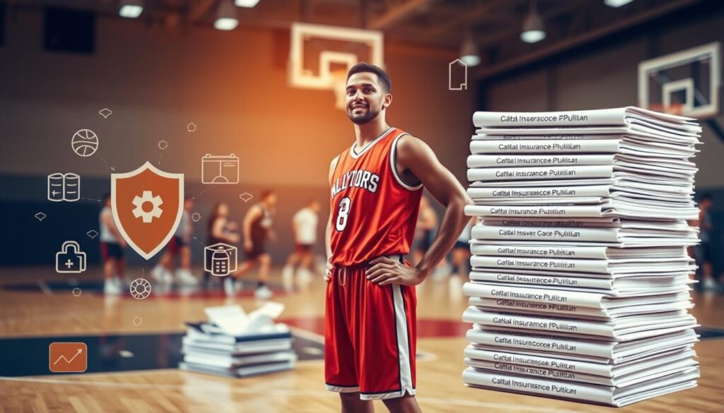 Detailed image of liability insurance coverage for a basketball team. In the foreground, a basketball player standing confidently, surrounded by protective icons like a shield, first aid kit, and sports equipment. In the middle ground, a stack of contracts and documents representing the various insurance policies, illuminated by a warm, focused light. In the background, a blurred court scene with players in action, conveying the active, high-risk nature of the sport. The overall mood is one of security, preparedness, and risk mitigation, reflecting the essential need for comprehensive liability coverage for sports teams.