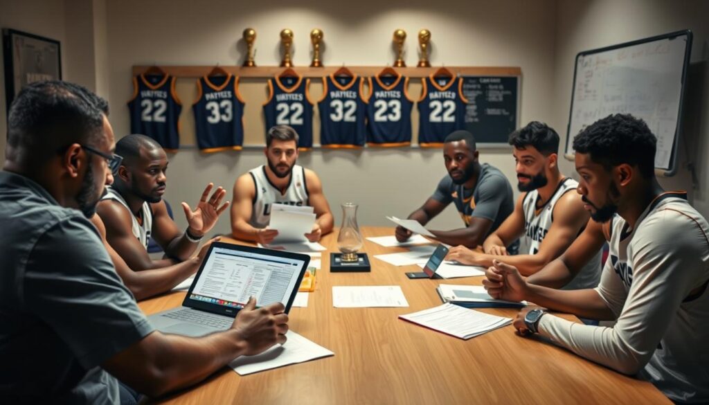Prompt A basketball team sits around a conference table, intensely focused on paperwork and documents. The lighting is professional, with soft directional illumination casting subtle shadows. In the foreground, a team manager explains the insurance claim process, gesturing towards a laptop screen displaying forms and guidelines. In the middle ground, players listen attentively, taking notes and occasionally consulting their own files. The background features team jerseys, trophies, and a whiteboard showcasing key information. The overall mood is serious yet collaborative, as the team works together to navigate the claims process successfully.