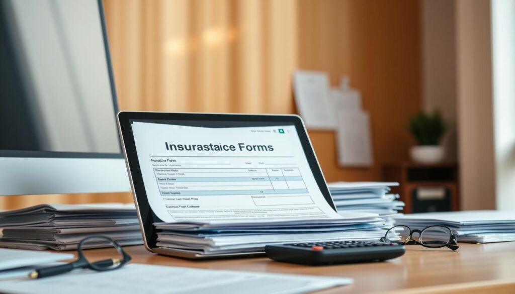 Prompt An office desk with a computer, stacks of documents, and a pair of glasses. An insurance claim form is open on the screen, with a pen and calculator nearby. The lighting is soft and warm, creating a professional yet approachable atmosphere. The background is blurred, emphasizing the focus on the claims process. The overall scene conveys efficiency, attention to detail, and a commitment to providing a seamless customer experience.